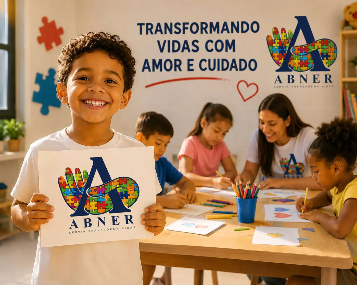 Menino sorrindo segura um cartaz com a logo do Instituto ABNER, enquanto outras crianças desenham com uma voluntária ao fundo