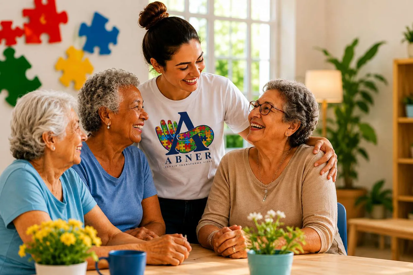 Voluntária do Instituto ABNER abraça e conversa com três senhoras sorridentes ao redor de uma mesa com flores